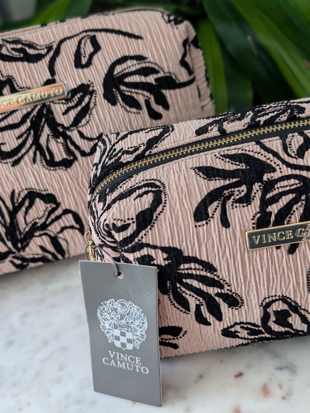 Vince Camuto Blush Pink & Black Floral Jacquard Cosmetic Bags, Set Of 2
